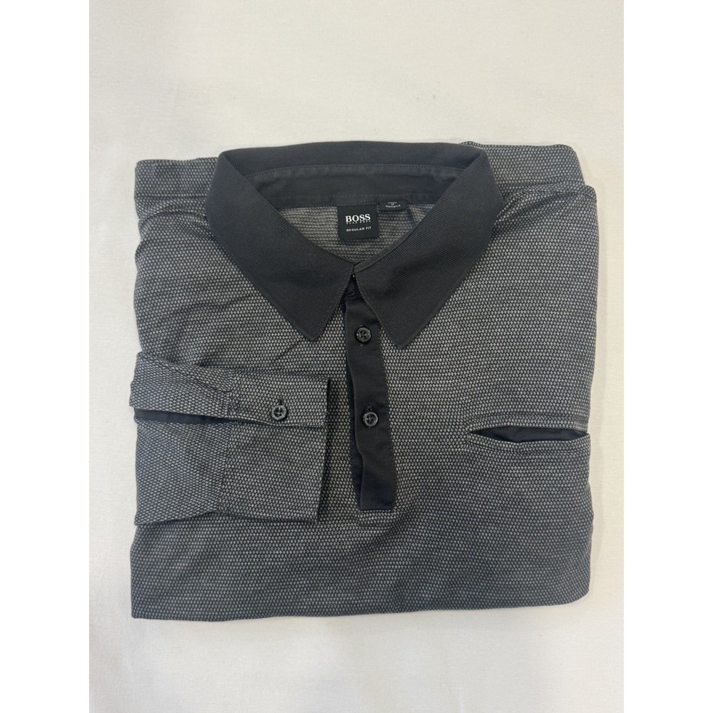 Hugo Boss Men's Gray Speckled Long Sleeve Cotton Polo Shirt Chest Pocket Size XL